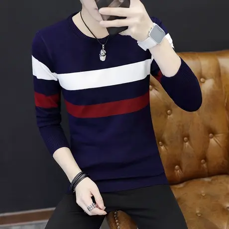 青少年秋季薄款毛衣男学生款圆领毛线衣潮男装韩版修身条纹针织衫商品大图