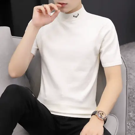 男士短袖T恤半高领秋季新款白色修身半袖毛衣打底针织衫个性体恤商品大图