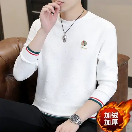 2023冬季新款男士T恤时尚百搭潮流休闲长袖卫衣加绒加厚秋冬上衣图片