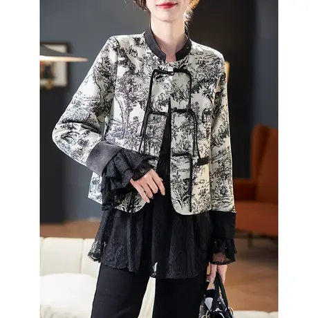 宝诗黎国风盘扣提花短外套2024春季新中式水墨高级感百搭上衣女商品大图