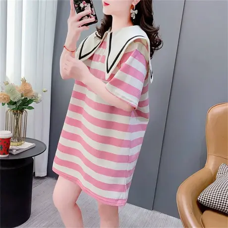 条纹海军领连衣裙女夏季2023年新款甜美减龄中长款洋气短袖T恤裙商品大图
