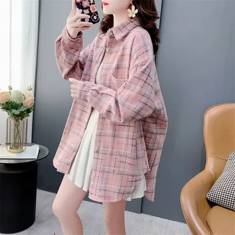 中长款磨毛格子衬衫女春季2024新款宽松加厚港味复古长袖外套上衣图片