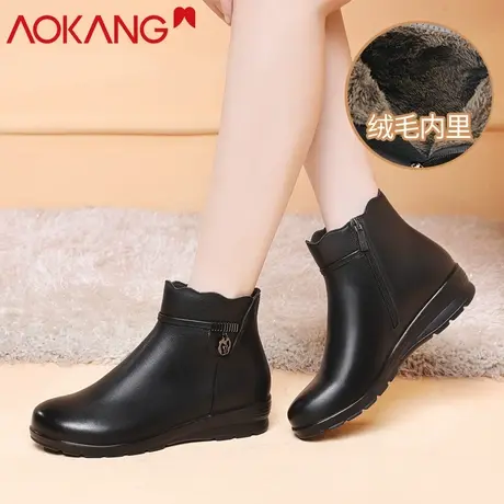 奥康棉鞋女平底保暖棉靴真皮短靴子新款高帮加绒中老年妈妈棉鞋商品大图