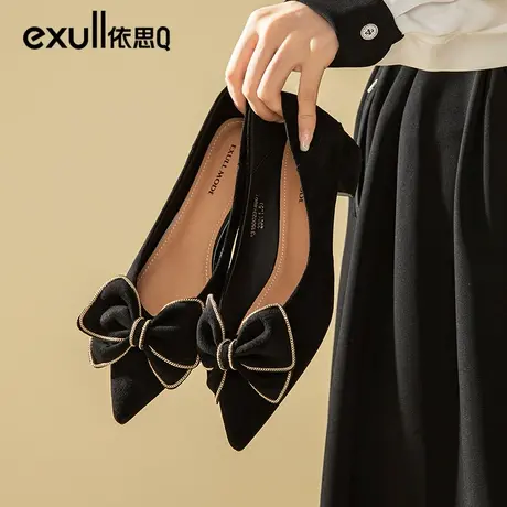 依思q一脚蹬单鞋女2024新款春季蝴蝶结小香风通勤女鞋尖头高跟鞋图片