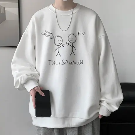 港风长袖T恤男秋季新款潮牌宽松印花卫衣男青少年休闲体恤打底衫商品大图