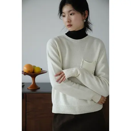 嘉茱莉2023秋季新款纯羊毛毛衣女薄款针织毛衣低圆领针织套头上衣商品大图