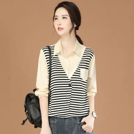 秋上新】假两件条纹长袖衬衣女士2023秋新款衬衫上衣设计感小众图片