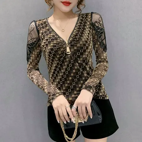 2023春秋新款性感V领拉链T恤女长袖亮丝网纱上衣洋气百搭打底衫潮图片