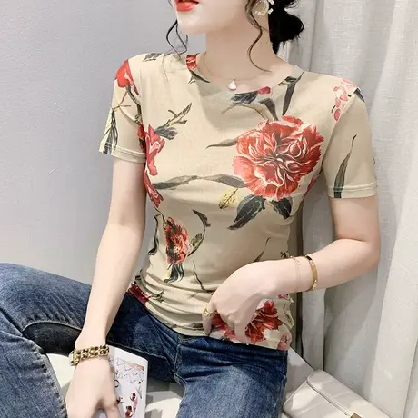 复古印花短袖T恤女时尚气质减龄漂亮小衫修身网纱上衣圆领半袖夏商品大图
