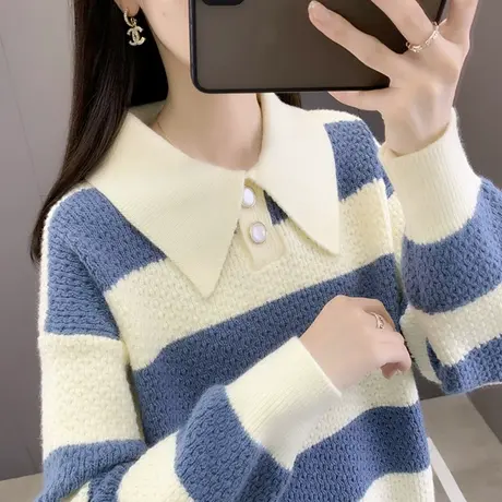 毛衣女款2023新款爆款加厚条纹打底衫女时尚洋气方领上衣秋冬女装图片