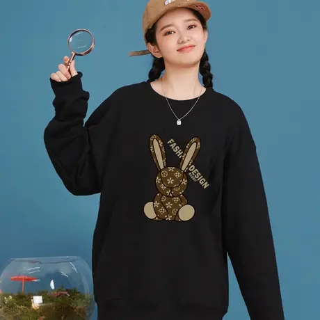 卡通兔子圆领卫衣女2023年秋冬新款美式复古oversize宽松长袖上衣商品大图