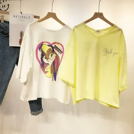 2020夏新款七分袖T恤韩国东大门ins小众设计感心机蕾丝V领T恤大码图片