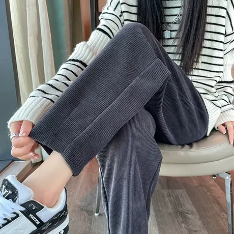 灯芯绒裤子女九分春秋新款高腰直筒宽松显瘦小个子休闲萝卜奶奶裤图片