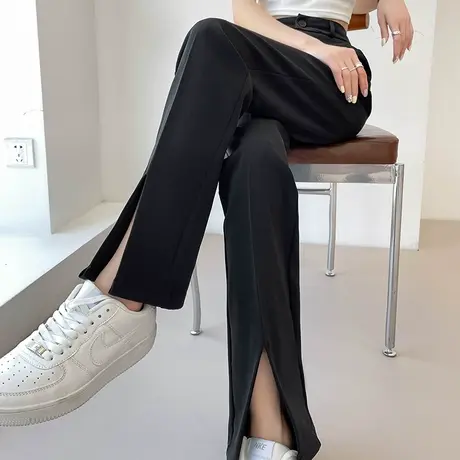黑色开叉西装微喇裤女夏季薄款高腰窄版直筒显瘦冰丝休闲喇叭裤潮商品大图