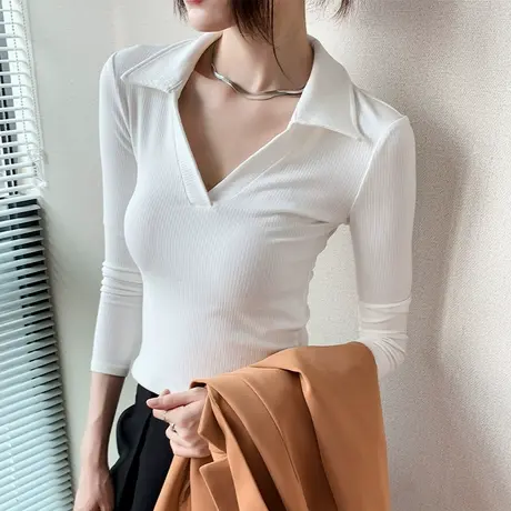 POLO领长袖针织打底衫女2023春季新款修身西装内搭设计感小众上衣商品大图