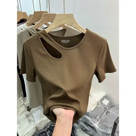 圆领镂空T恤短袖针织上衣女2023夏装新款时尚修身洋气坑条打底衫商品大图