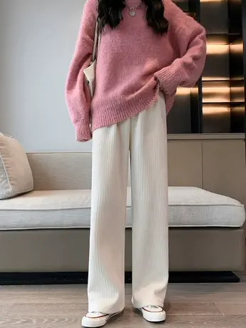 雪尼尔阔腿裤女秋冬2023年新款高腰垂感直筒加绒白色灯芯绒休闲裤商品大图