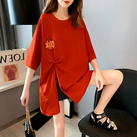 设计感小众短袖t恤女夏韩版宽松中长款下衣失踪不规则开叉上衣服图片
