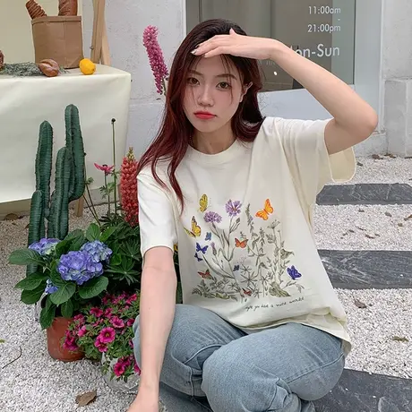 个性印花半袖T恤女夏季宽松显瘦百搭港味复古chic上衣短袖潮ins图片