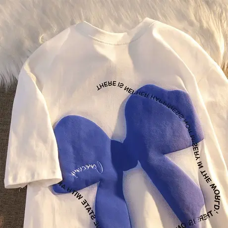 纯棉克莱因蓝蝴蝶结设计感短袖t恤女夏季ins潮牌宽松chic港味上衣图片