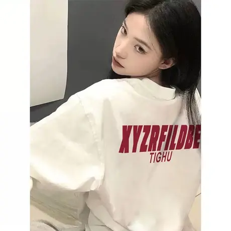 纯棉白色短袖t恤女2023新款美式复古夏季潮字母印花宽松半袖上衣商品大图