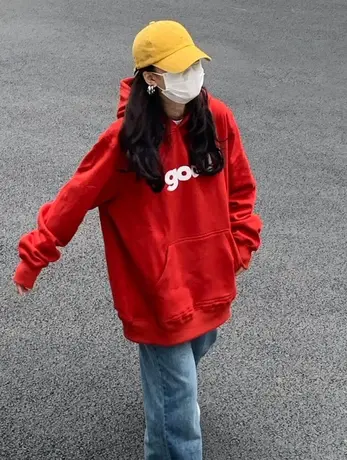 红色卫衣女oversize小个子落肩宽松慵懒风春秋薄款外套潮ins上衣商品大图