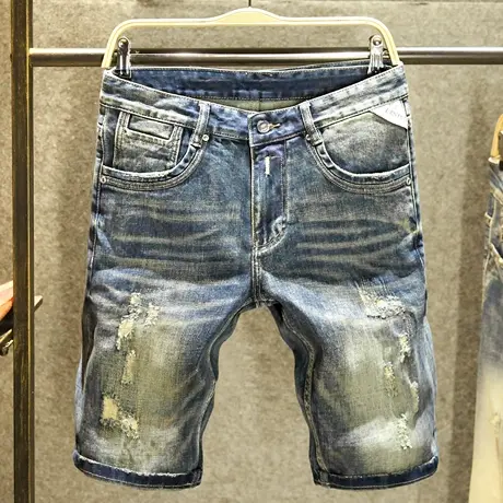 夏季重工水洗牛仔短裤男宽松直筒马裤美式复古耐磨潮牌破洞五分裤商品大图