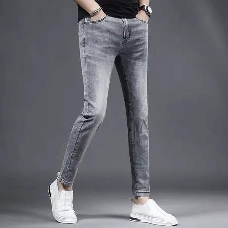 夏季冰丝九分牛仔裤男款修身小脚裤灰色弹力休闲男士裤子9分裤男商品大图