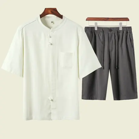 中国风亚麻衬衫男新中式盘扣衬衣汉服唐装男款套装夏薄款短袖茶服图片