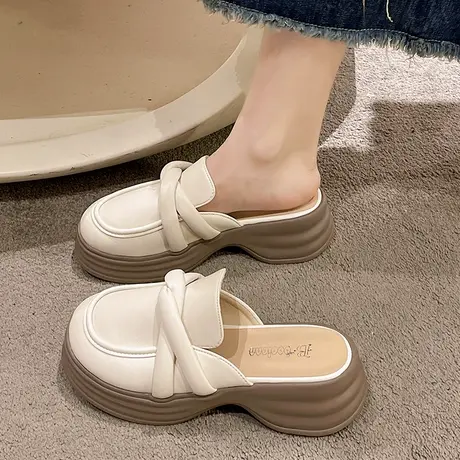 复古英伦风包头半拖女外穿2023夏季新款一脚蹬厚底显脚小大头拖鞋商品大图