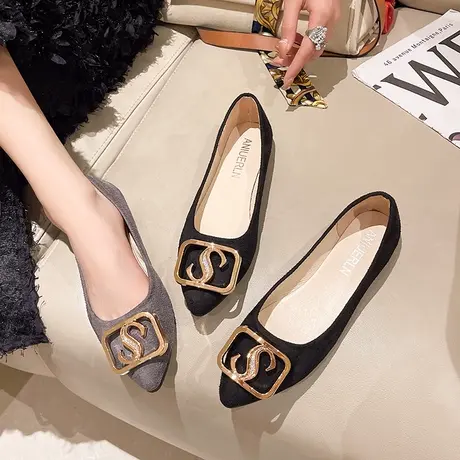 尖头单鞋女春秋2023新款百搭网红平底水钻一脚蹬仙女温柔豆豆鞋女商品大图