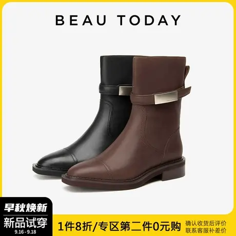 BeauToday高跟短靴女2023新款秋季英伦风小皮靴女中筒西部牛仔靴图片