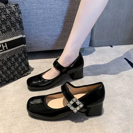 法式玛丽珍鞋女2024年新款水钻小众设计感浅口单鞋漆皮粗跟高跟鞋图片