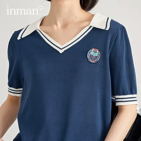 茵曼旗舰店翻领短袖针织T恤女2023年夏装新款学院风宽松半袖上衣图片