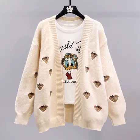 秋冬V领拼色中长款毛衣外套女2023年新款宽松慵懒风甜美针织开衫商品大图