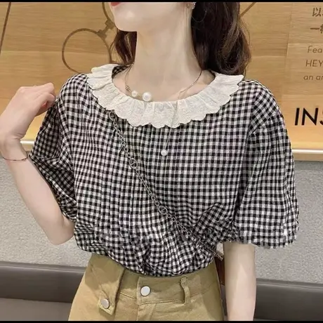 法式木耳边圆领格子短袖衬衫女2023年新款洋气时尚泡泡袖气质小衫商品大图