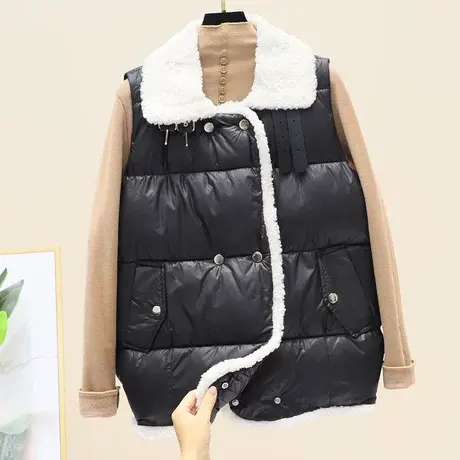 短款羊羔毛拼接棉马甲女外穿韩版2023秋冬季新宽松学生坎肩外套潮商品大图