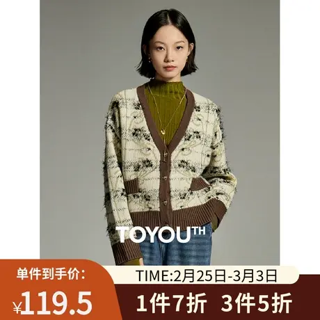 TOYOUTH初语复古老花立体提花开衫女2023冬季新款小香风针织外套商品大图