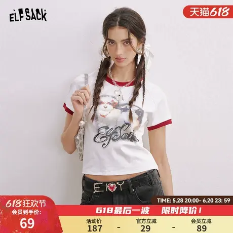 妖精的口袋撞色小狗印花短袖t恤女2025春夏新款修身显瘦短款上衣图片