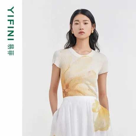 [专柜同款]Yifini/易菲修身U领坑条短袖印花针织衫女2025夏装新款商品大图