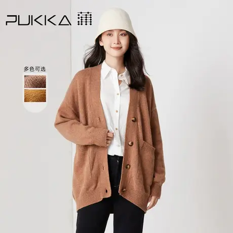 蒲PUKKA 秋冬毛衣女宽松单排扣驼色羊毛中长款针织开衫外套图片