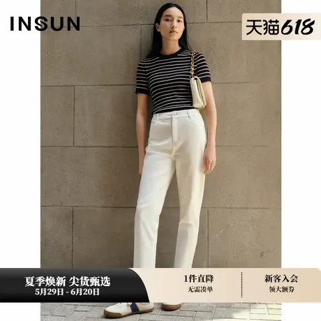 INSUN恩裳专选夏季圆领冰丝针织衫条纹上衣图片