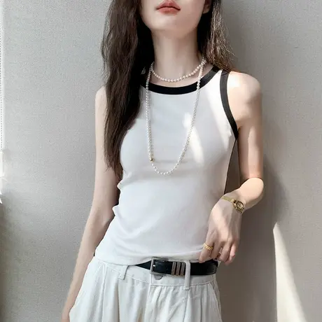 撞色圆领吊带背心女2025春季新款别致外穿上衣高级修身内搭打底衫商品大图