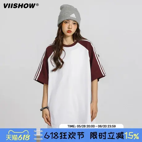 VIISHOW复古美式拼色短袖T恤男潮牌情侣宽松夏装插肩袖休闲上衣商品大图