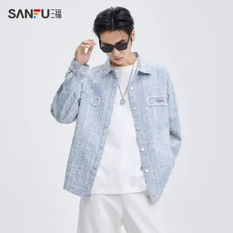 三福2023秋男士小香风牛仔长衬衫 潮流金属标宽松上衣男474151商品大图