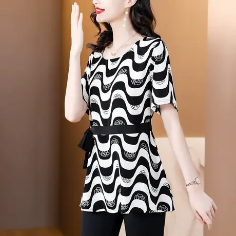 中长款大码宽松收腰遮肚子女装2023年夏季短袖洋气设计感气质小衫商品大图