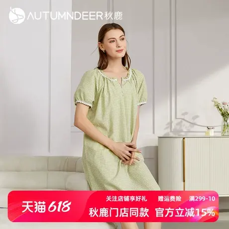 秋鹿小格子梭织棉睡裙女夏薄款圆领短袖中裙女款少女泡泡袖连衣裙商品大图
