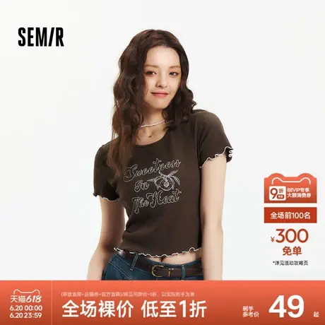 森马短袖T恤女短款设计感镂空辣妹2025夏新款印花木耳边上衣俏皮图片