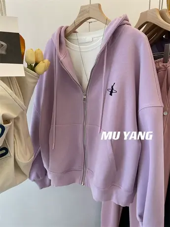 韩国女装 小黑兔拉链连帽卫衣女春秋薄款oversize宽松外套上衣服商品大图