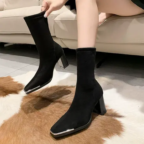 网红方头粗跟瘦瘦靴女2023年新款气质小众高跟靴子绒面法式弹力靴商品大图